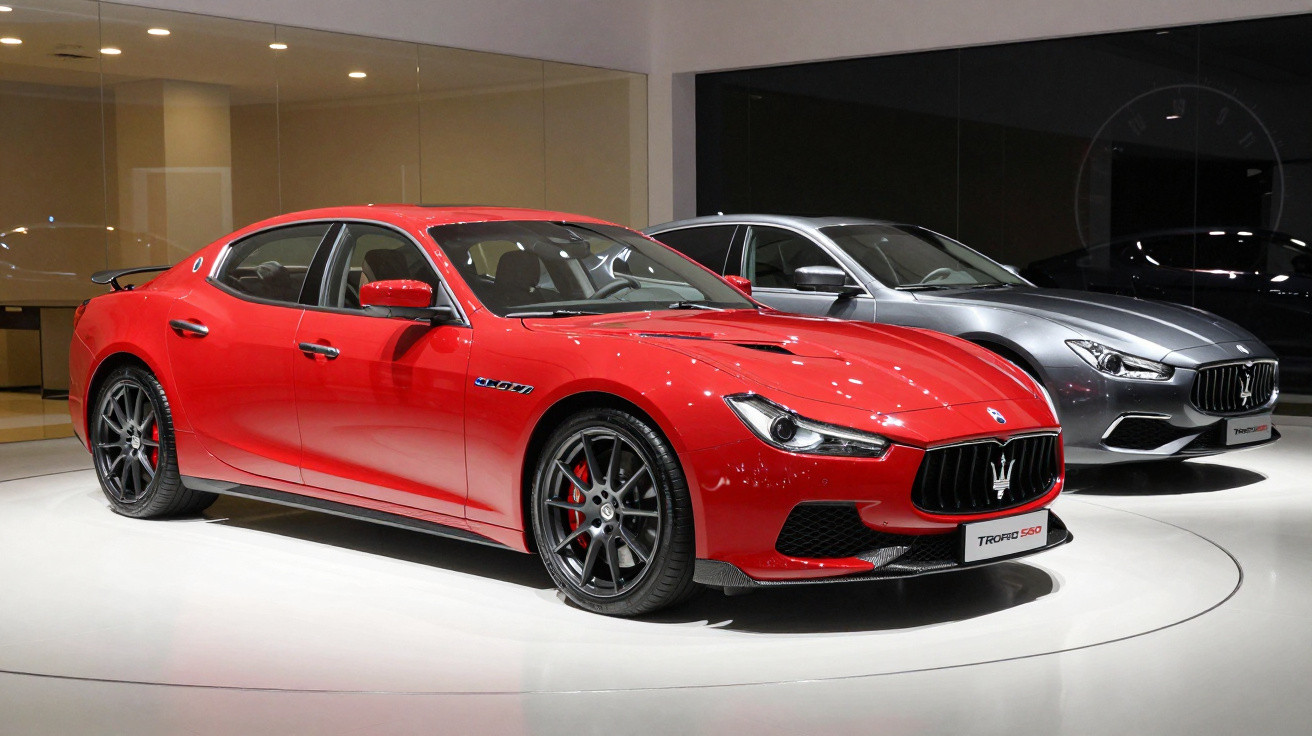 Dois carros esportivos Maserati, um vermelho em destaque e outro cinza ao fundo em showroom.