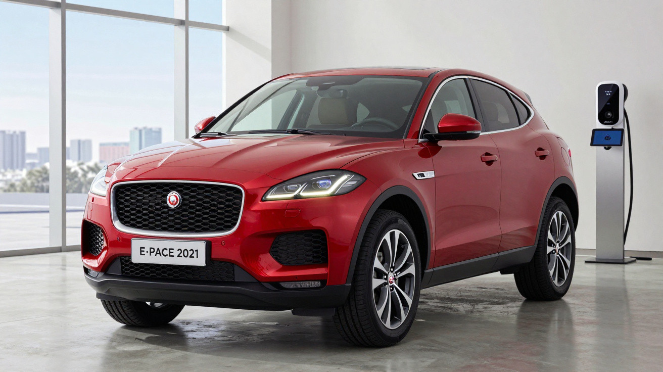 Carro vermelho Jaguar E-PACE 2021 estacionado em ambiente interno com painel de carregamento ao lado.