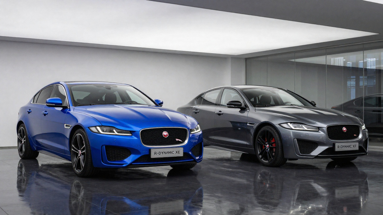 Dois carros Jaguar sedans, um azul e um cinza, estacionados em um ambiente interno moderno e iluminado.