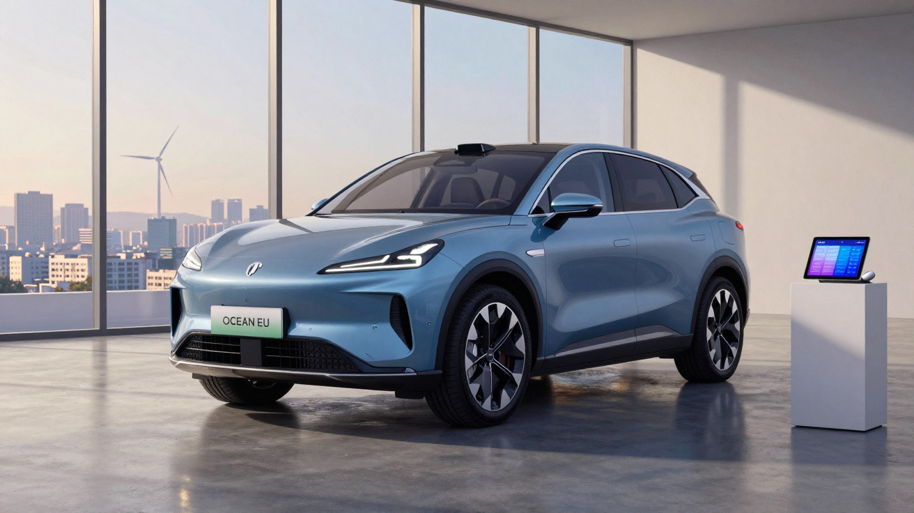 Carro elétrico azul modelo SUV em showroom moderno com janelas panorâmicas e vista cityscape ao fundo.