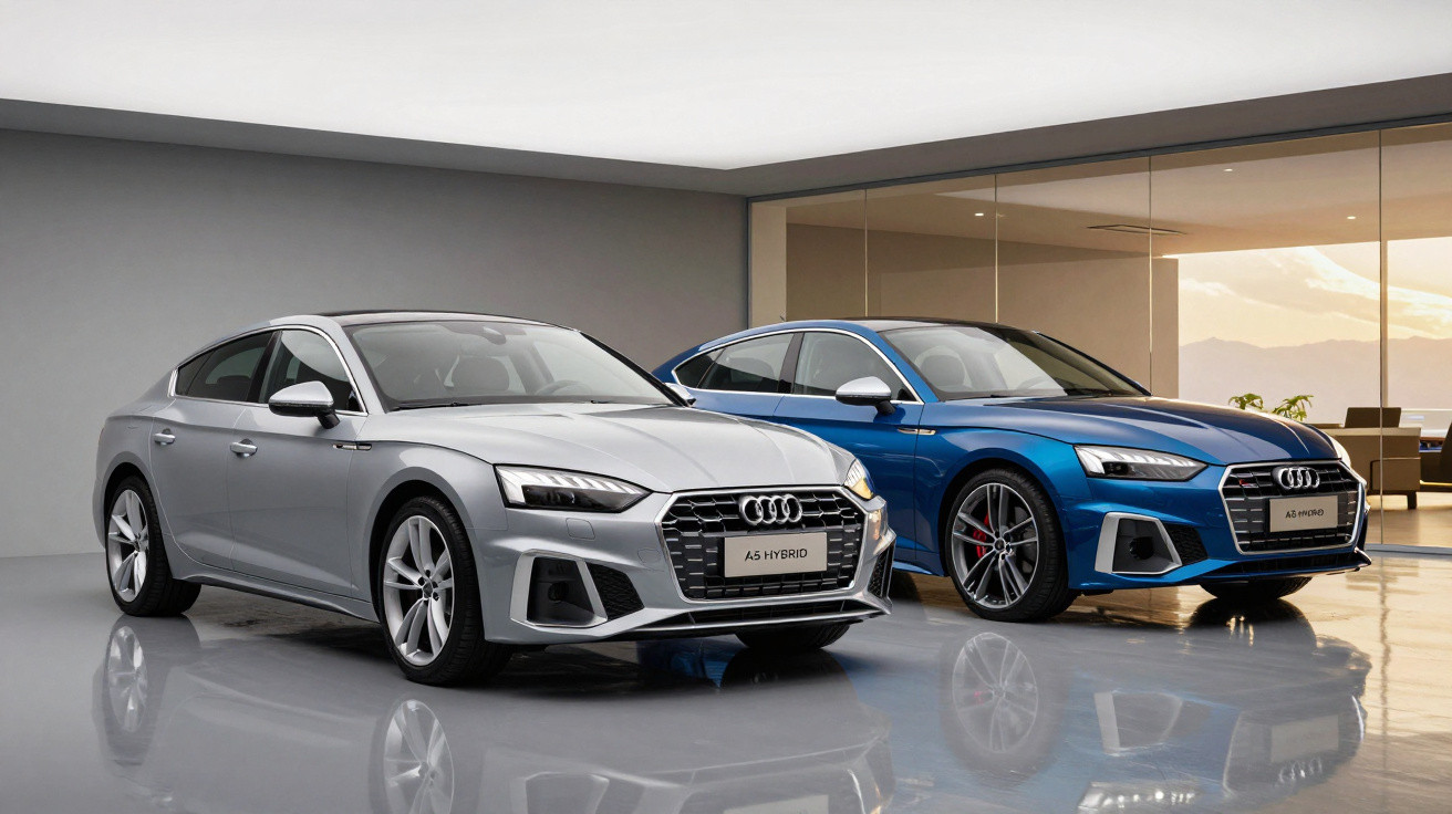 Dois carros Audi A5 sedãs, um prata e outro azul, em ambiente interno moderno e iluminado.