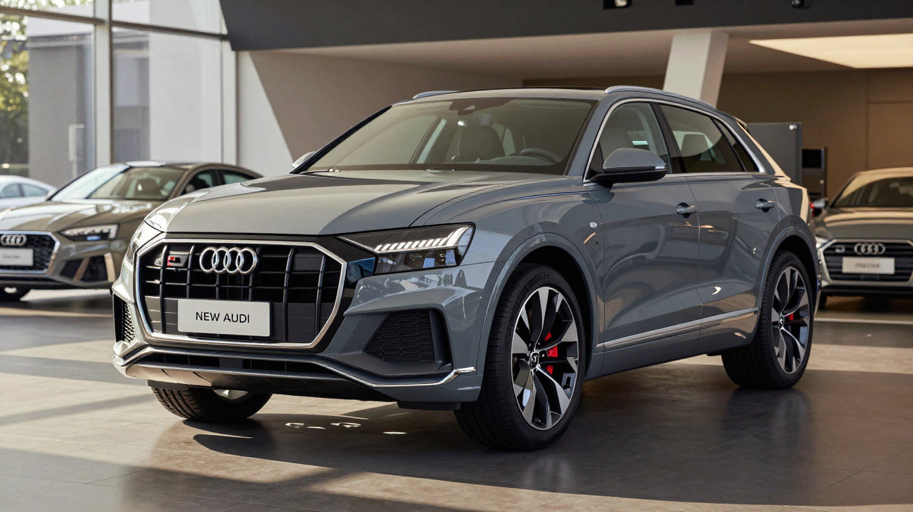 SUV Audi cinza estacionado em showroom moderno com outros carros ao fundo.