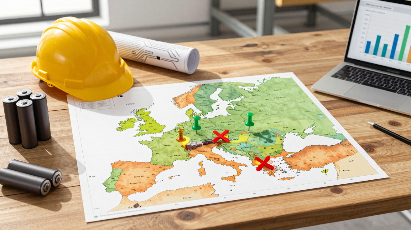 Mapa da Europa com alfinetes coloridos, capacete de segurança amarelo, pilhas e notebook sobre mesa de madeira.