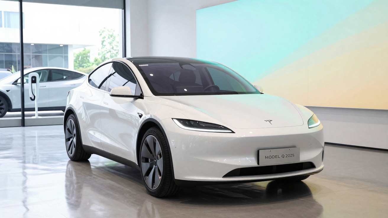 Carro elétrico Tesla Model Q 2025 branco em exposição dentro de showroom moderno e iluminado.