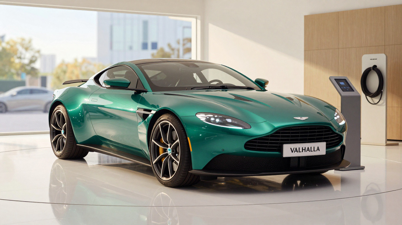 Carro esportivo verde Aston Martin Valhalla estacionado em showroom moderno com carregador elétrico.