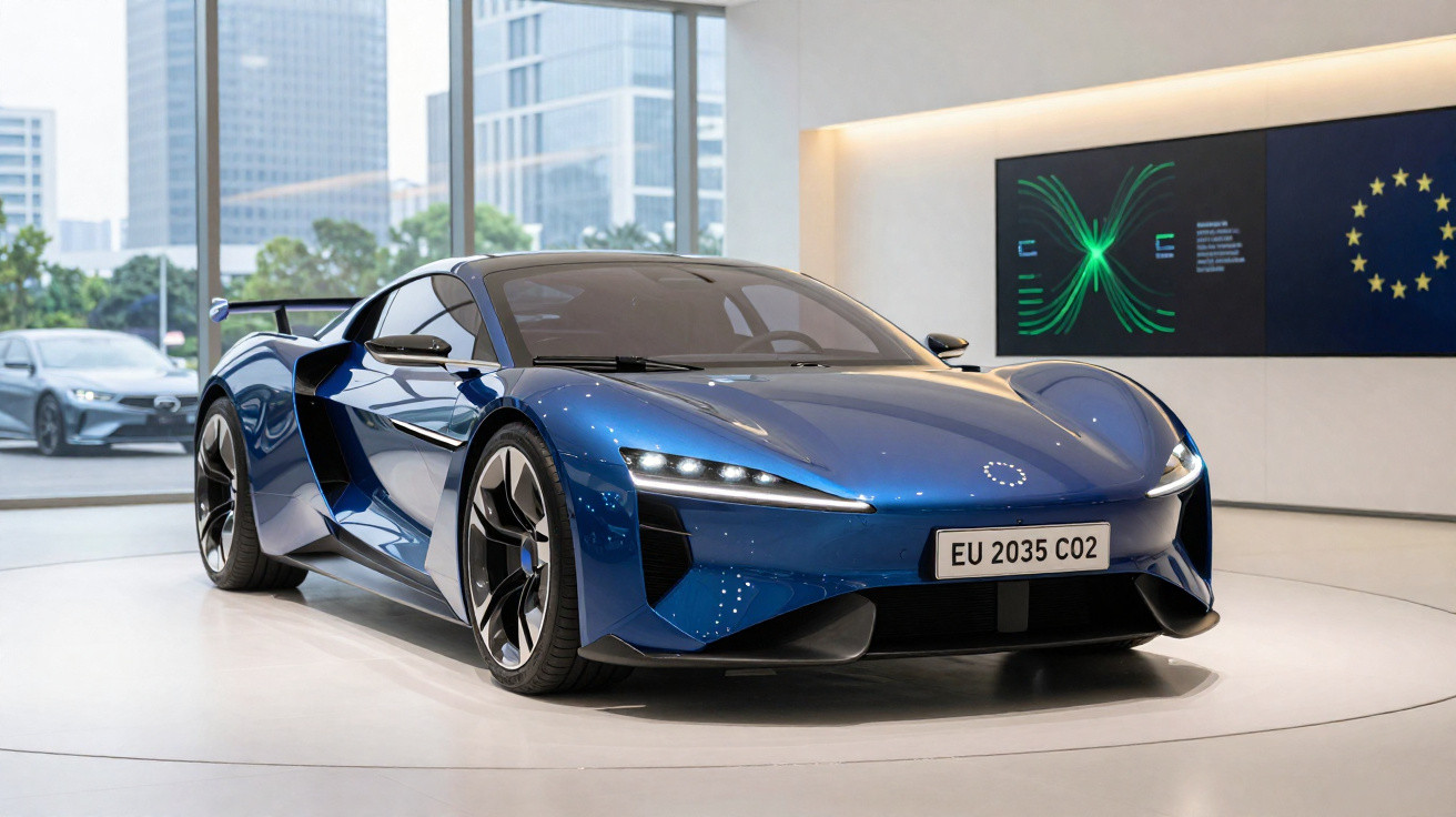 Carro esportivo azul futurista exposto em ambiente moderno com vidros e edifícios ao fundo.