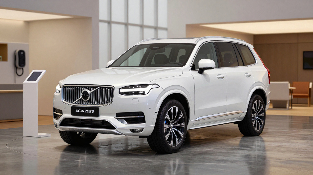 Carro SUV Volvo XC90 branco exposto em showroom moderno e iluminado.