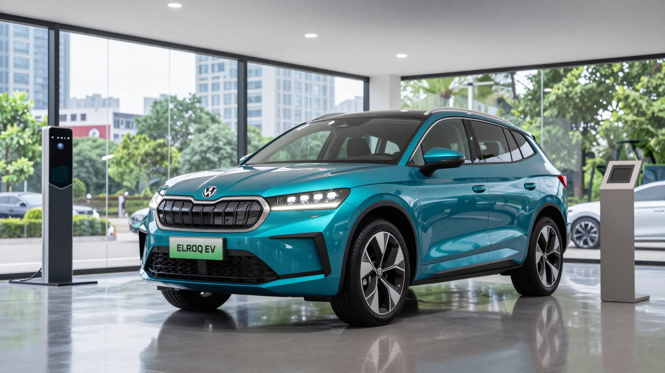 Carro elétrico azul em showroom moderno com iluminação natural e postes de recarga ao redor.