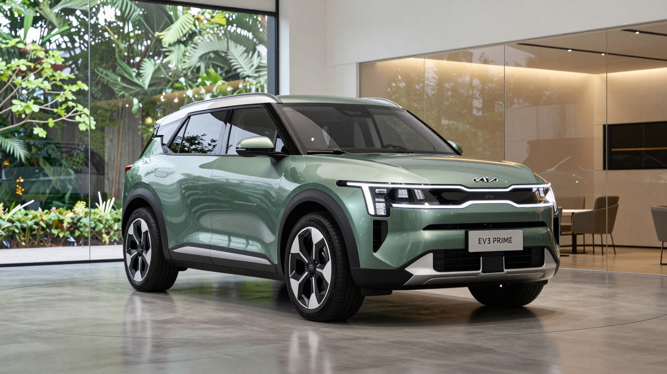 Carro elétrico Kia EV3 Prime verde exposto em ambiente moderno e iluminado com plantas ao fundo.