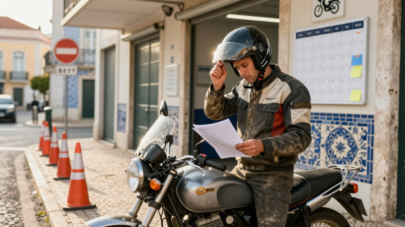 Homem com capacete revisa documentos sentado em motocicleta cinza estacionada na calçada.