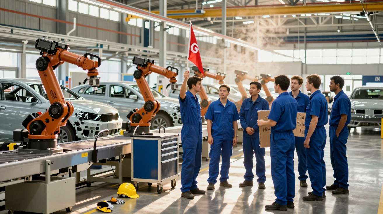 Grupo de operários com uniforme azul em fábrica de montagem automotiva com braços robóticos e carros.