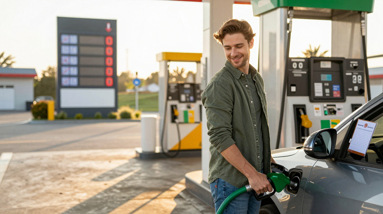 Homem sorridente abastecendo carro cinza em posto de gasolina ao pôr do sol.
