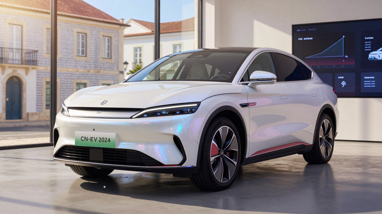 Carro elétrico branco moderno em exposição interna, com placar verde escrito CN-EV 2024 na frente.