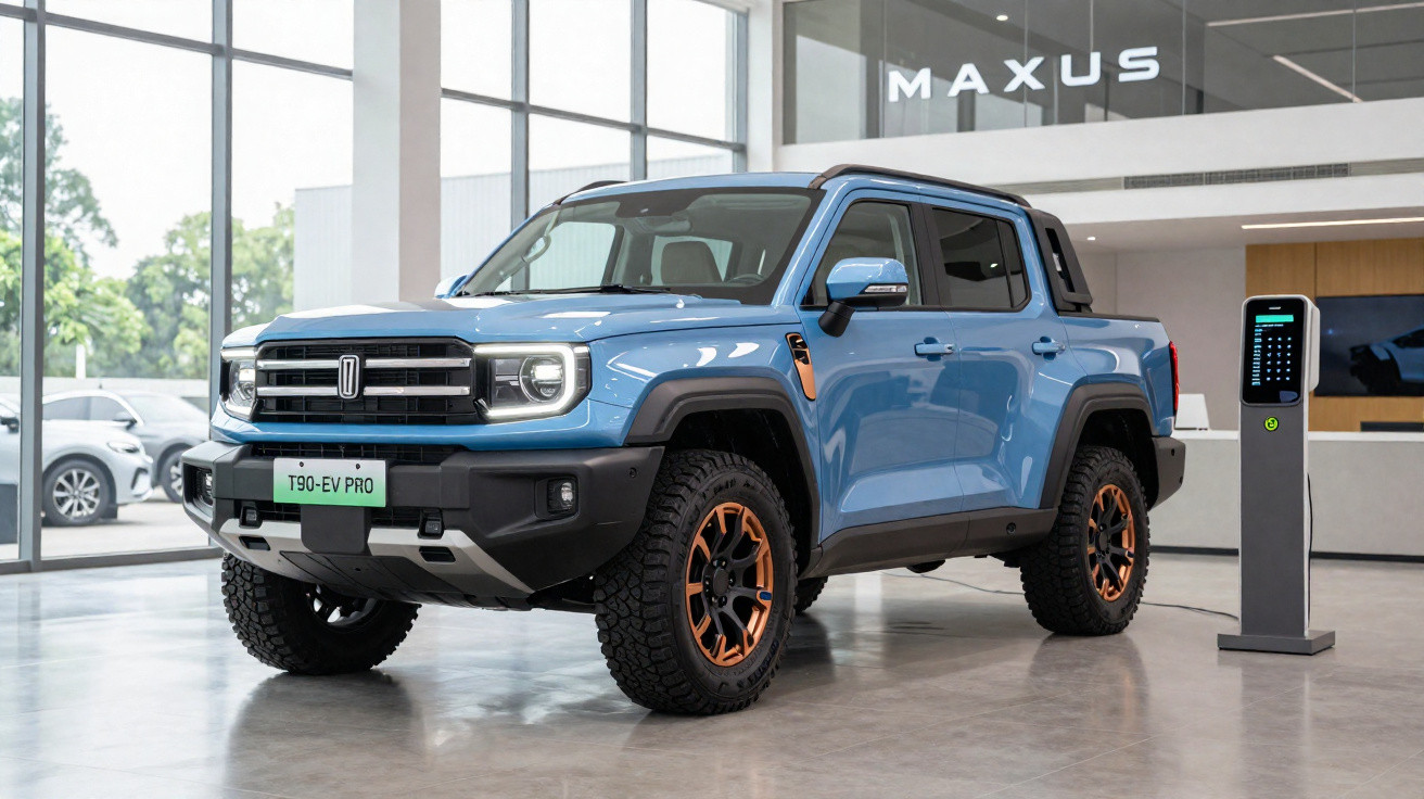 Picape elétrica azul T90-EV PRO da Maxus em showroom moderno com estação de carregamento ao lado.