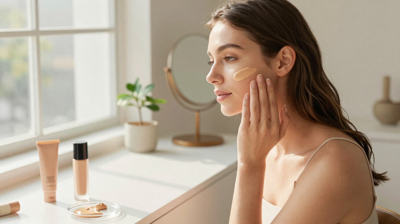 Mulher aplicando base facial enquanto se olha em espelho próximo a janela.