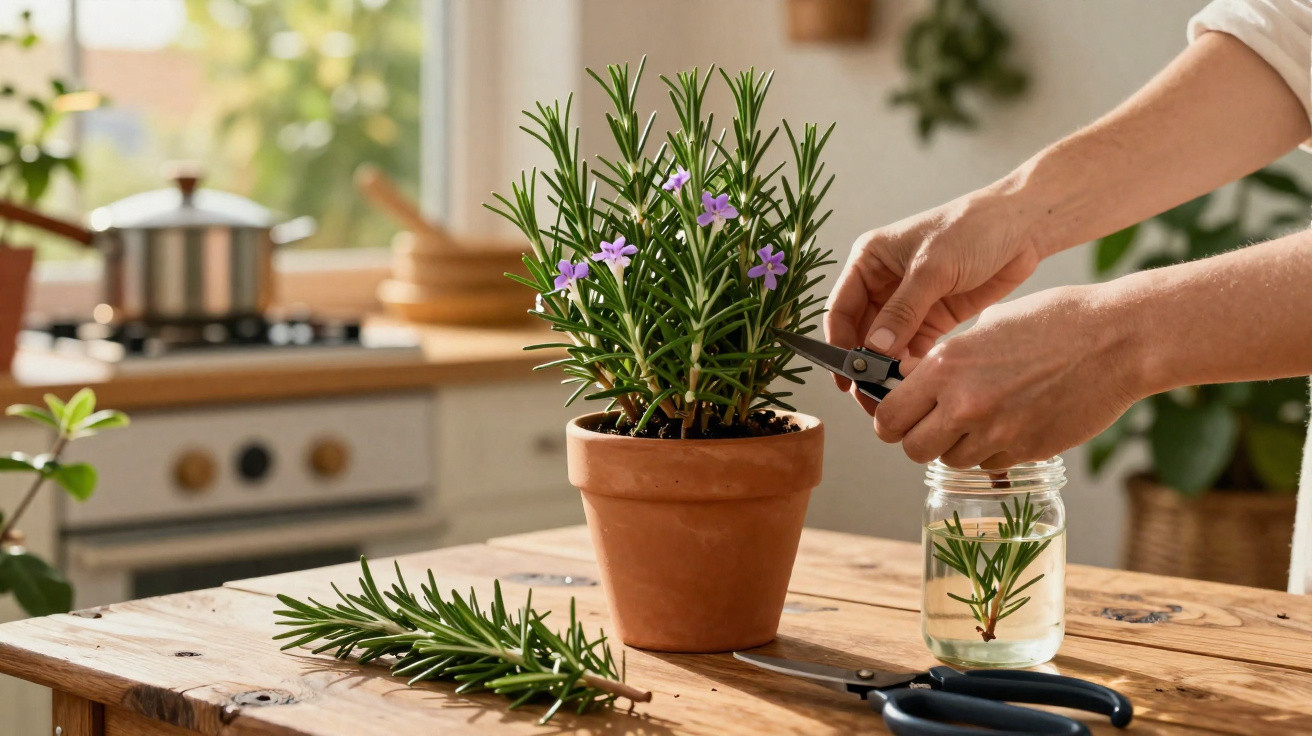 Mãos podando planta com flores roxas em vaso de barro dentro de cozinha iluminada.