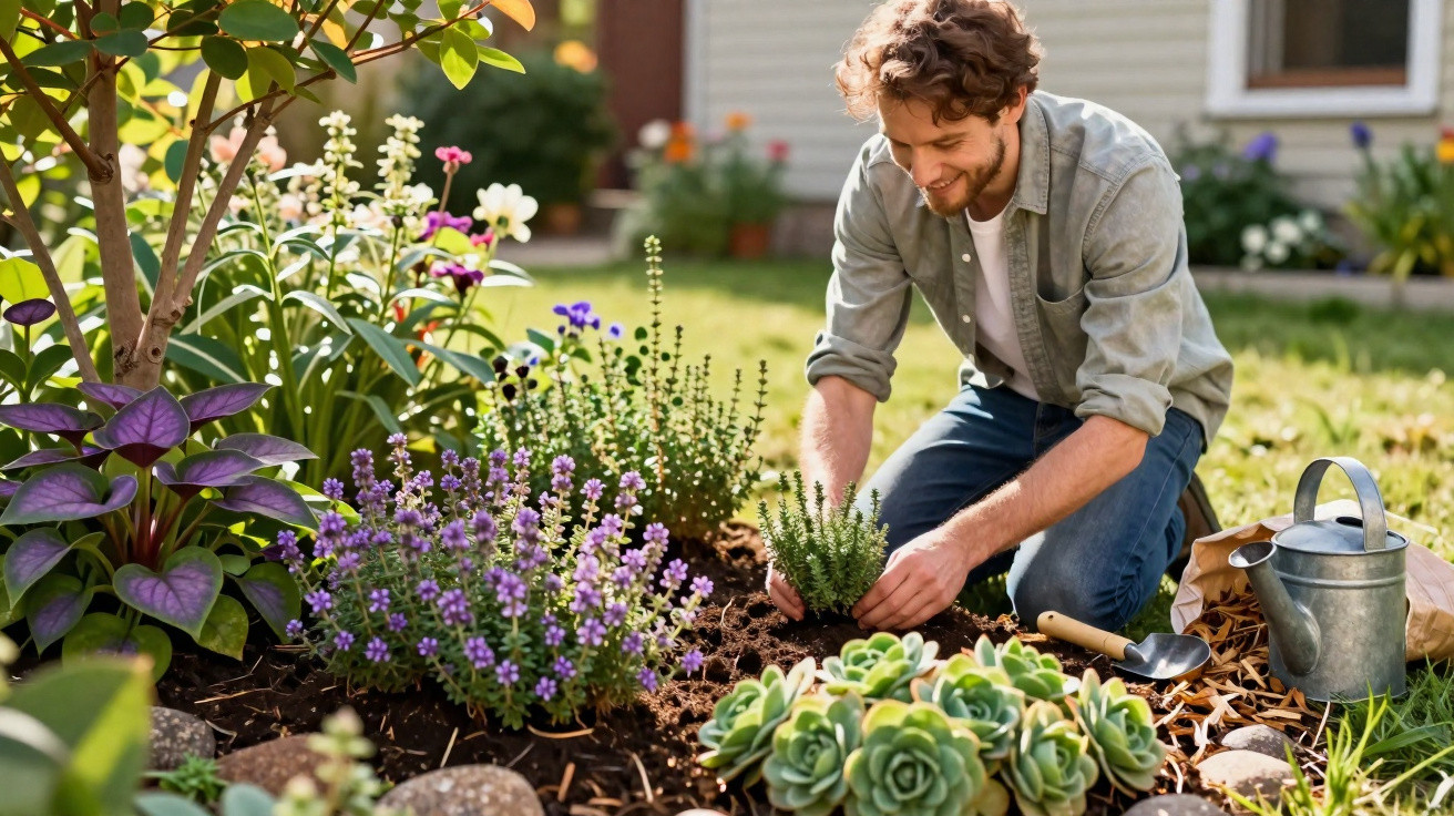 Homem sorridente cuidando do jardim com flores e plantas, ao ar livre em dia ensolarado.