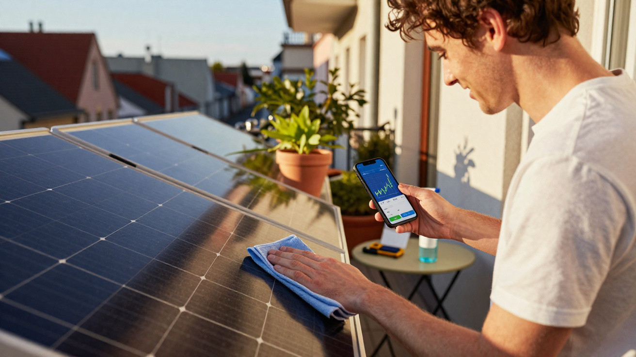 Homem limpando painel solar enquanto verifica dados de energia em celular na sacada de casa.