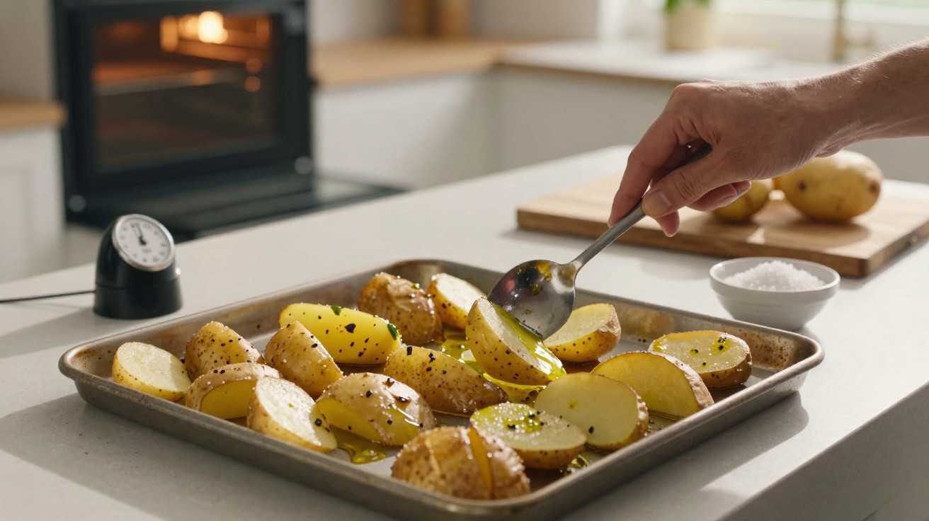 Mão temperando batatas cortadas em uma assadeira com azeite e pimenta, forno ao fundo.