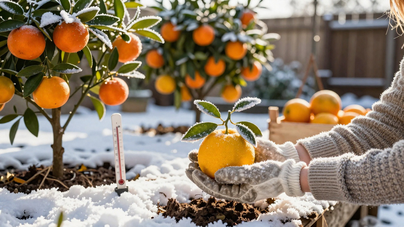 Pessoa com luvas colhendo laranja de árvore plantada em solo coberto de neve em jardim ensolarado.