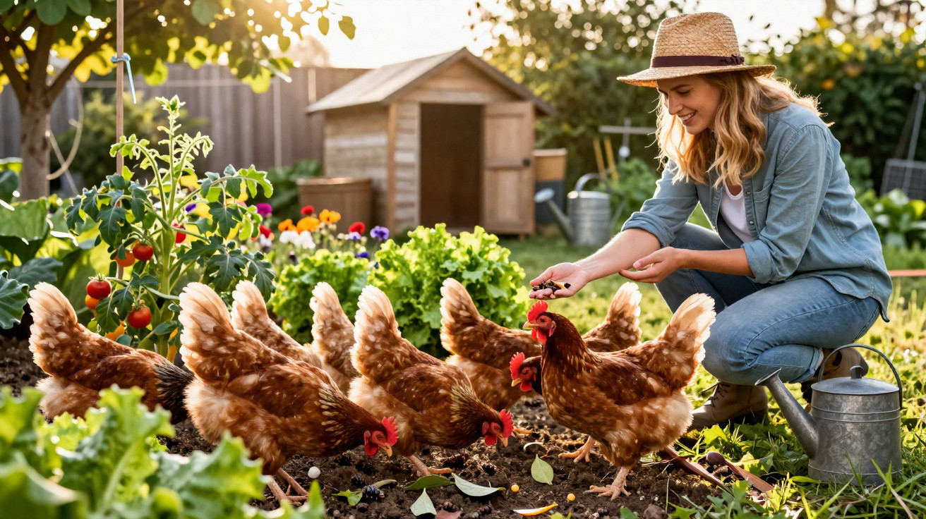 Mulher alimentando galinhas em horta ensolarada com regador e casa de aves ao fundo.