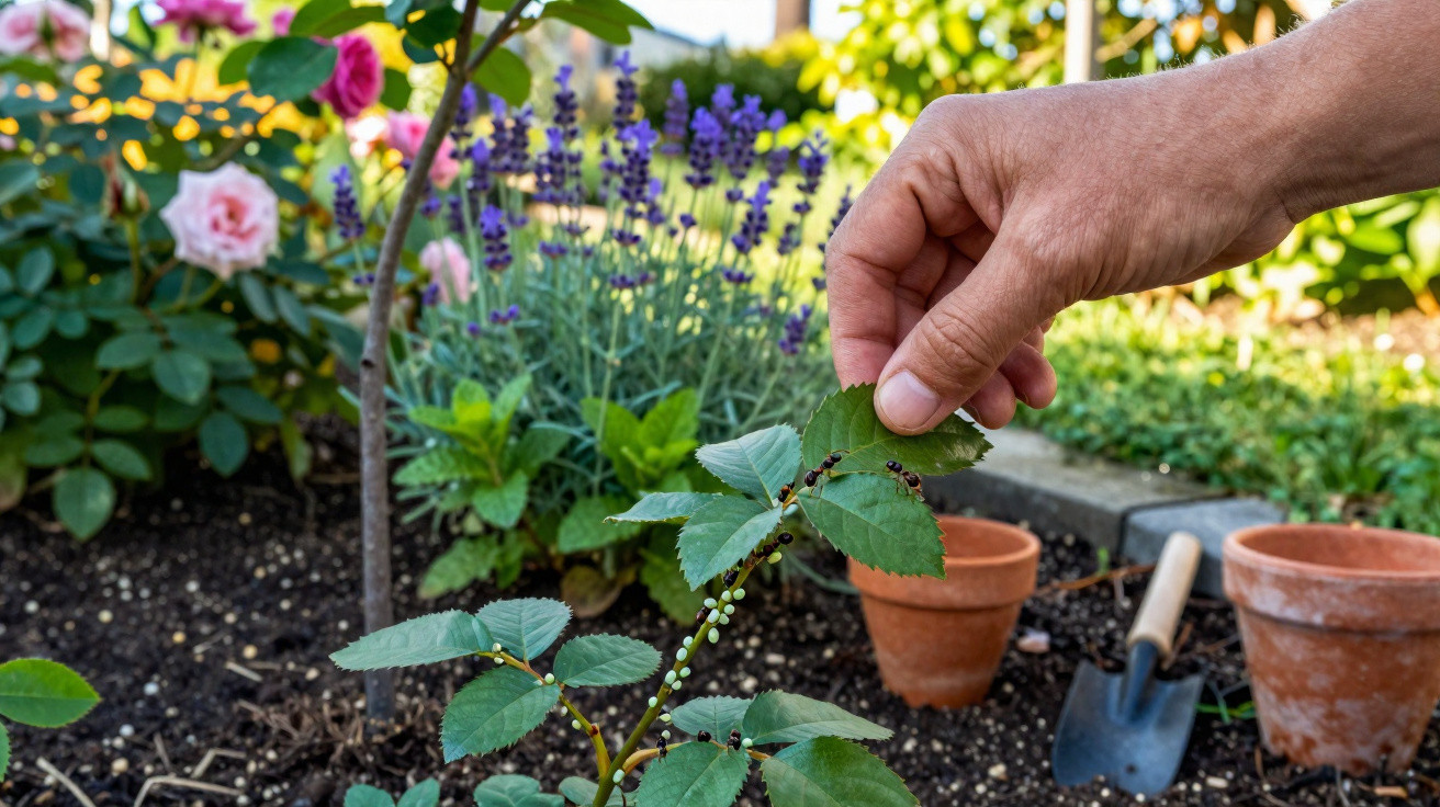 Mão colhendo folhas de planta em jardim com flores, vasos de barro e pá ao fundo.