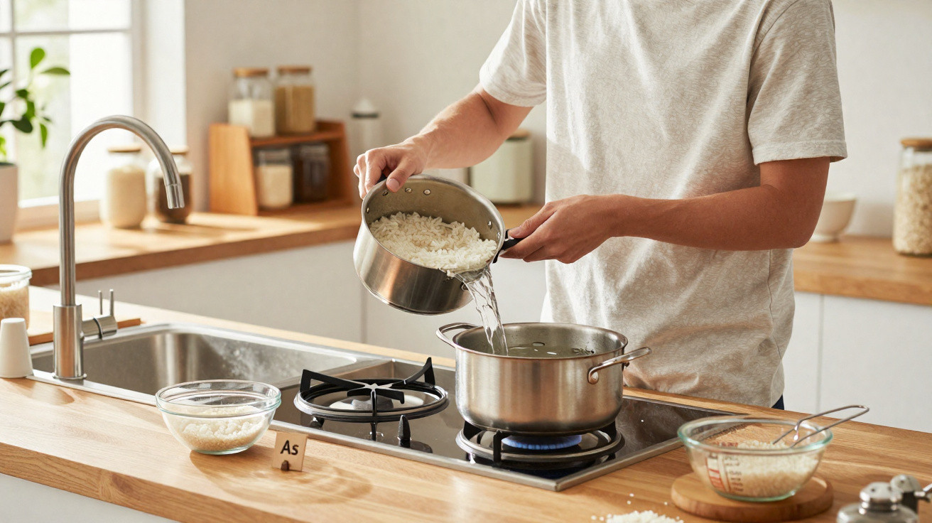 Pessoa escorrendo arroz em panela sobre fogão em cozinha clara e organizada.