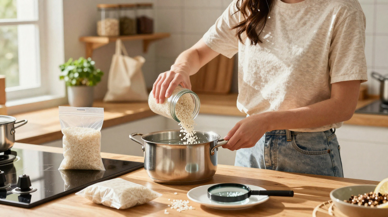 Pessoa despejando arroz em panela de inox na cozinha iluminada e organizada.