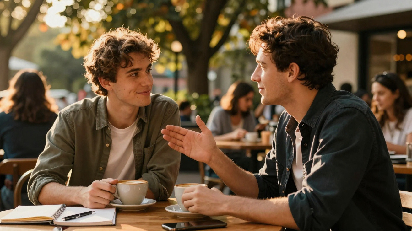 Dois jovens conversando e tomando café em uma cafeteria ao ar livre durante o dia.