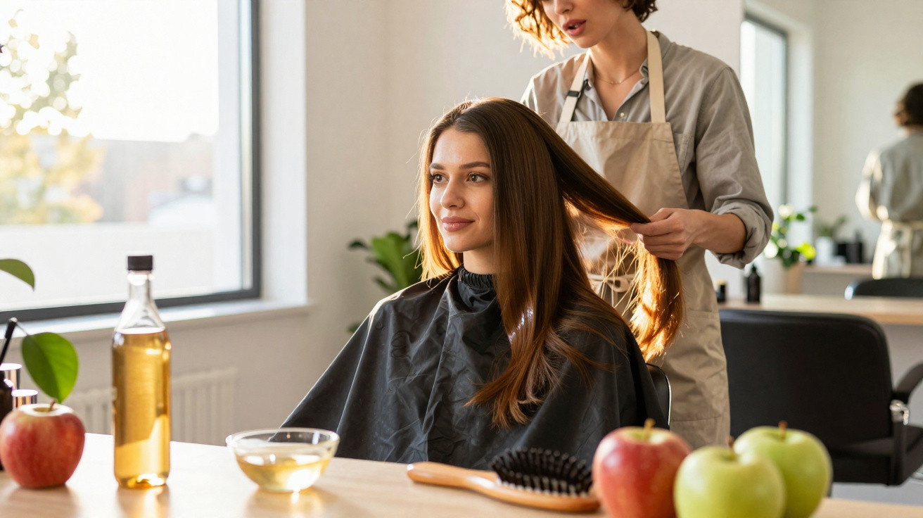 Cliente recebendo tratamento capilar em salão de beleza, com maçãs e produtos naturais sobre a mesa.