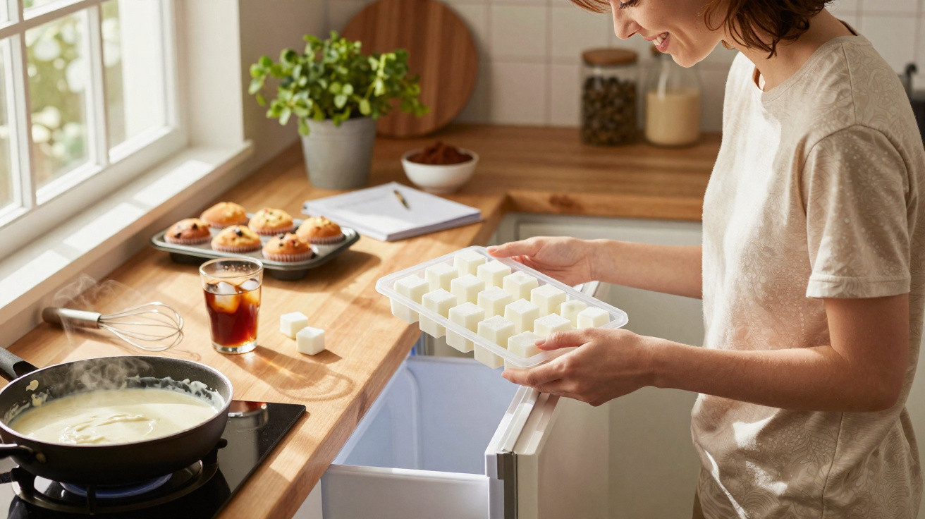 Mulher na cozinha segurando bandeja de gelo na frente do freezer aberto, com panela e cupcakes ao fundo.