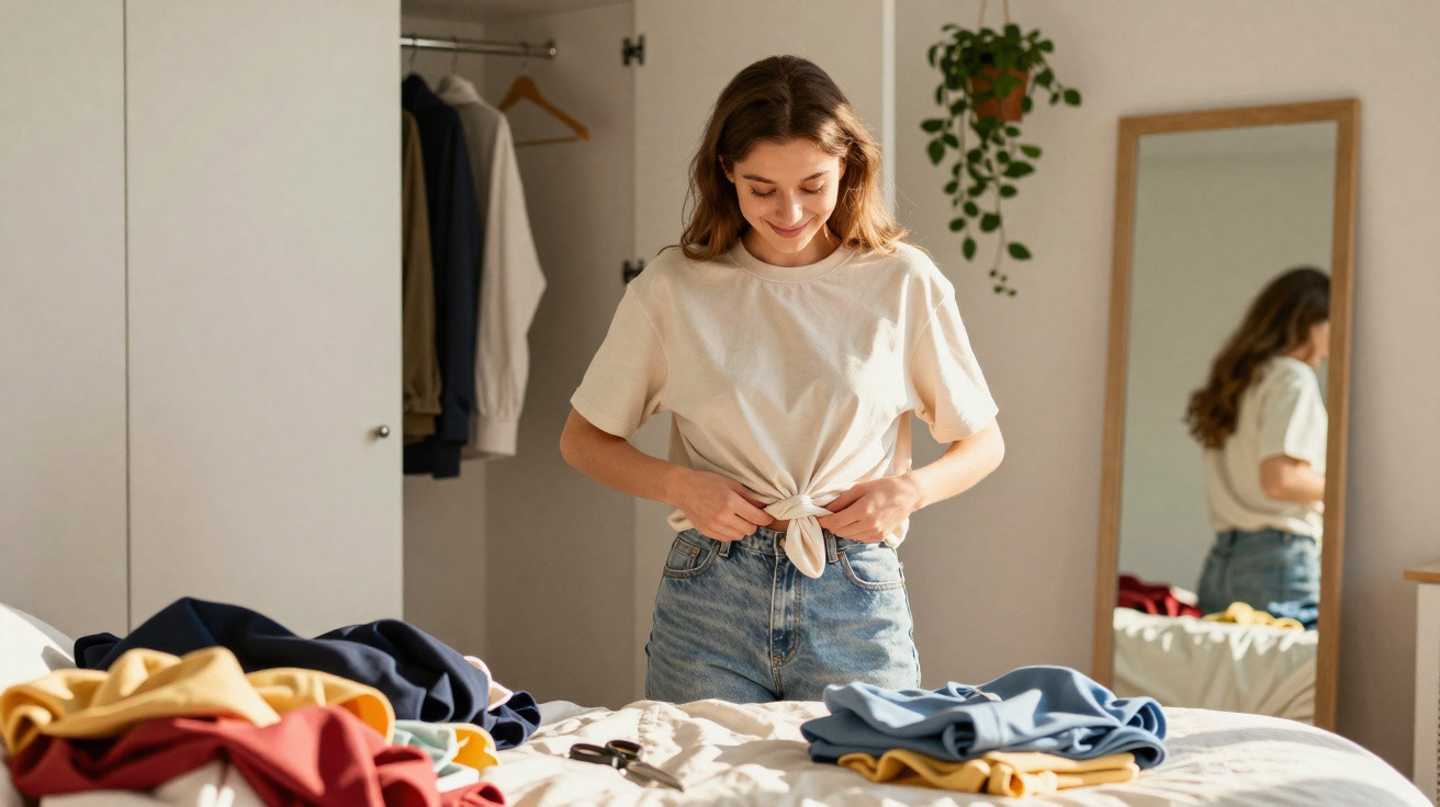 Mulher sorrindo amarra camiseta branca em jeans na frente da cama com roupas dobradas no quarto iluminado.