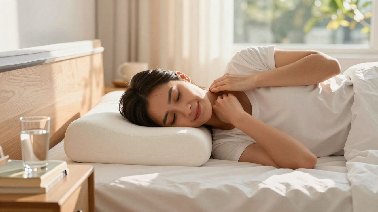 Mulher deitada na cama com travesseiro branco, olhos fechados e sorrindo suavemente em ambiente iluminado.