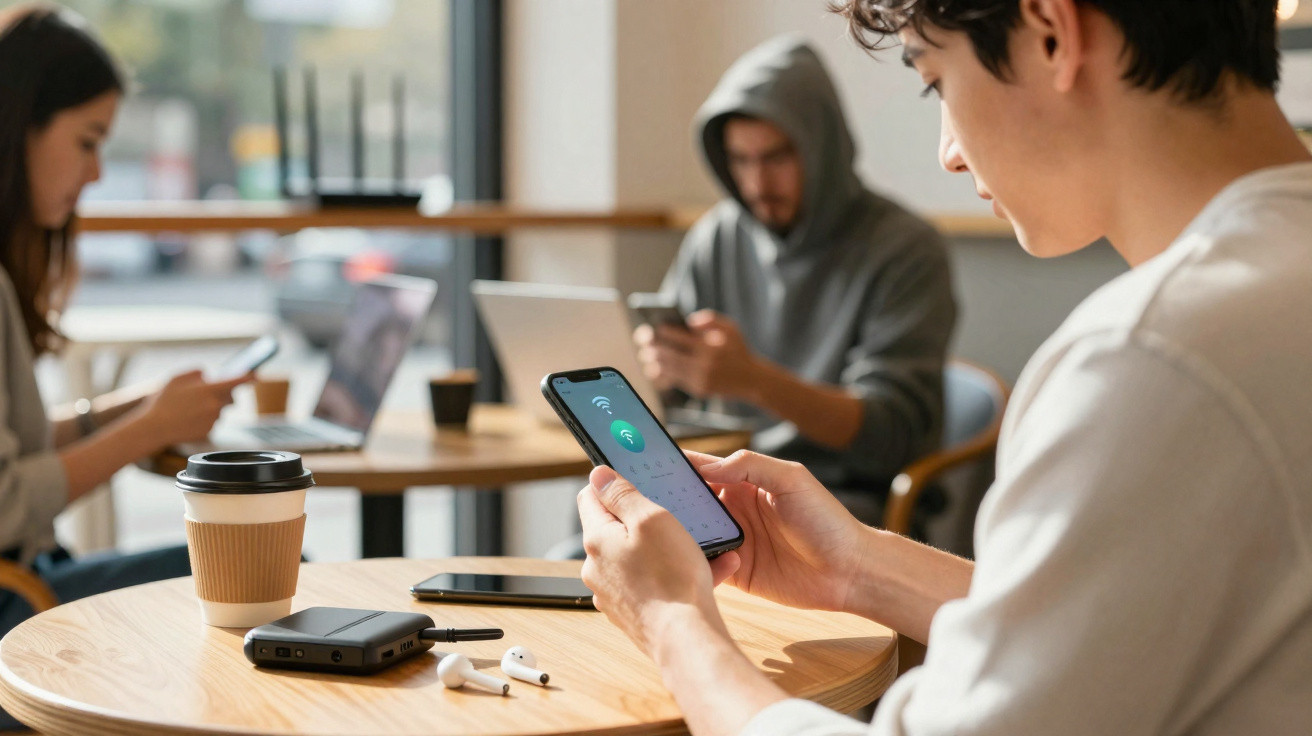 Jovem usando smartphone em mesa de café, com fones, power bank e outras pessoas ao fundo usando dispositivos.