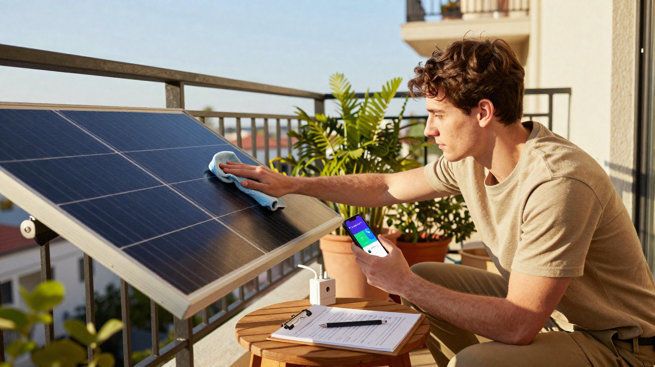 Homem limpa painel solar em varanda ensolarada segurando celular com aplicativo aberto.