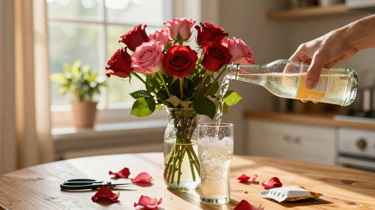 Mão derramando bebida gaseificada em copo, vaso com rosas vermelhas e rosas sobre mesa de madeira.