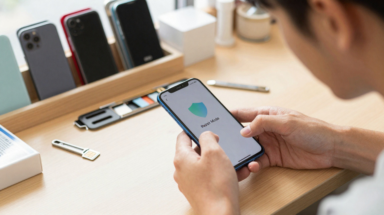 Pessoa usando smartphone azul com tela exibindo modo de proteção em mesa com vários celulares ao fundo.