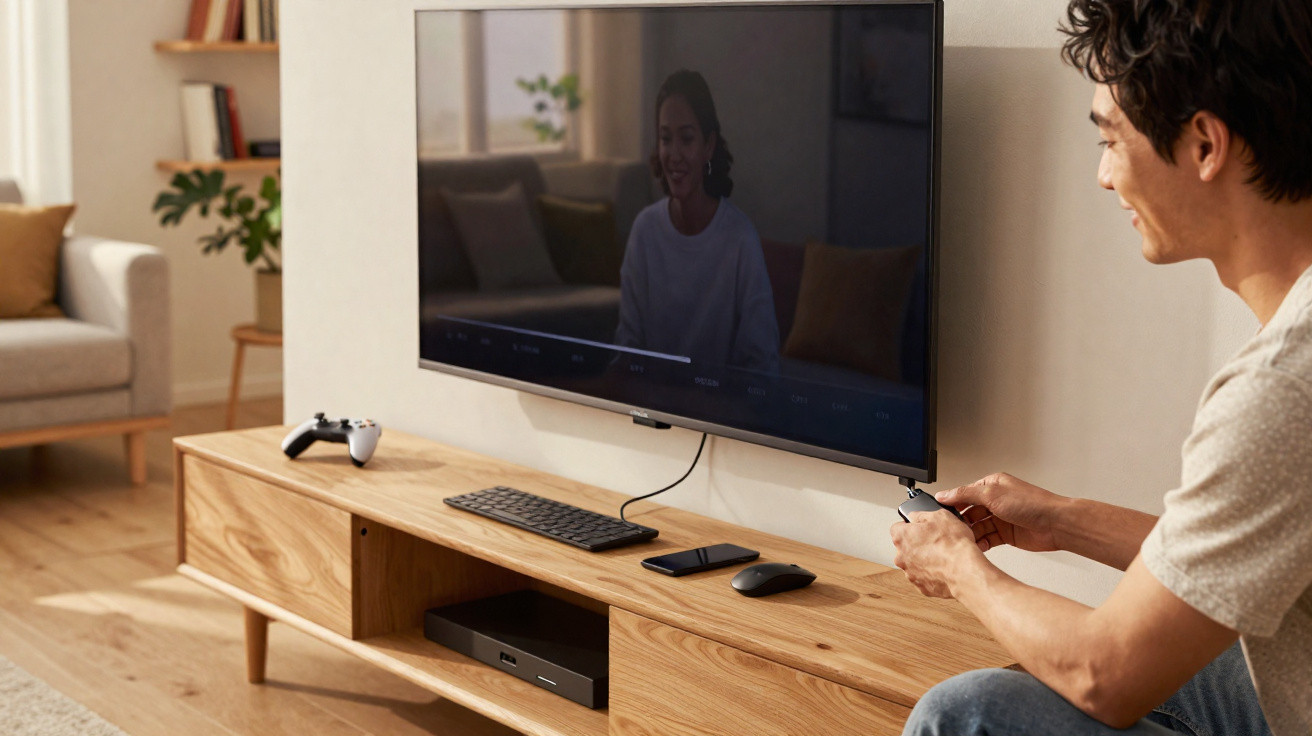 Homem sentado em sala moderna controlando videogame com controle, TV e móveis de madeira ao fundo.