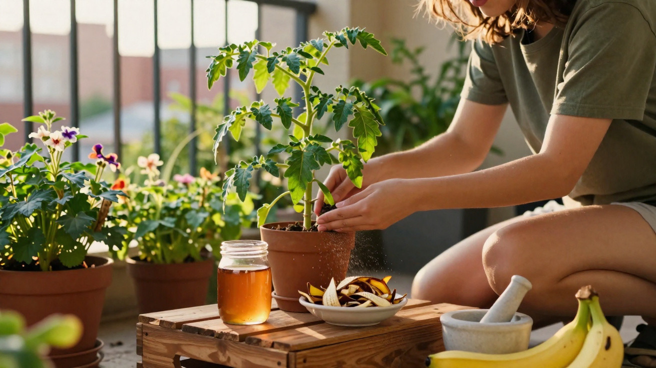 Pessoa cuidando de planta em vaso em varanda com potes, mel e frutas ao redor.