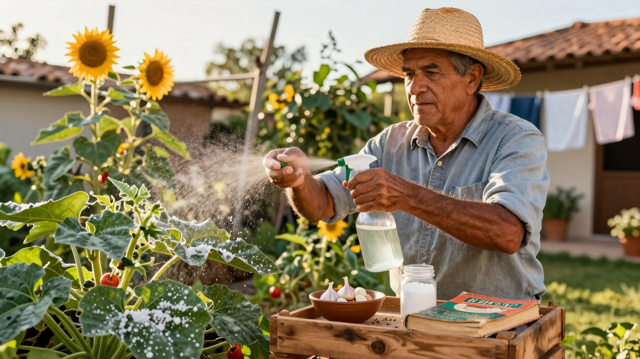 Homem idoso com chapéu borrifando plantas em jardim com girassóis ao fundo.