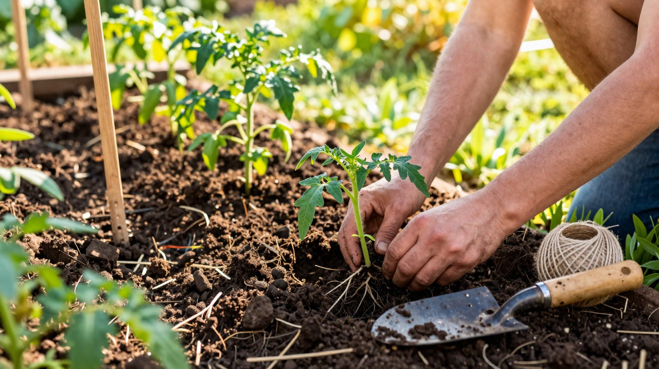Pessoa plantando muda de tomateiro em solo fértil de horta ao ar livre em dia ensolarado.