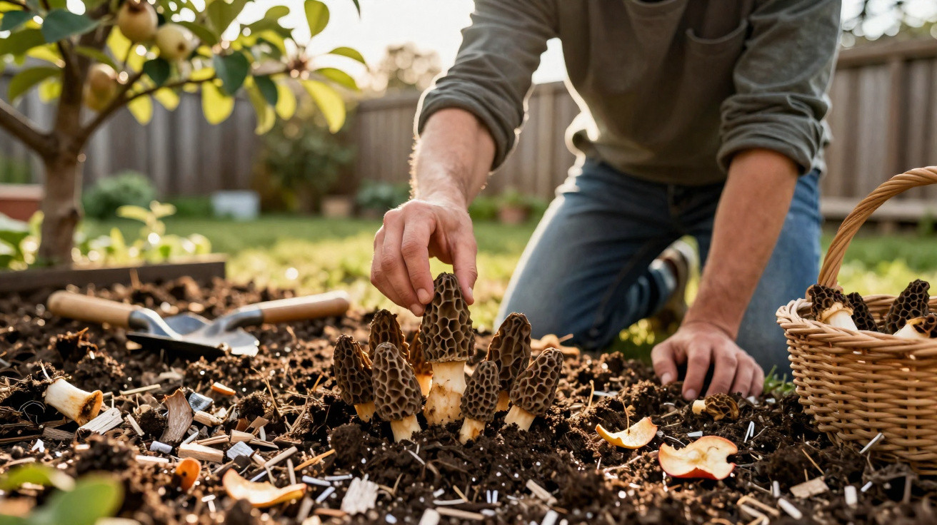 Pessoa colhendo cogumelos fungos morchella em solo de jardim com cesta ao lado.
