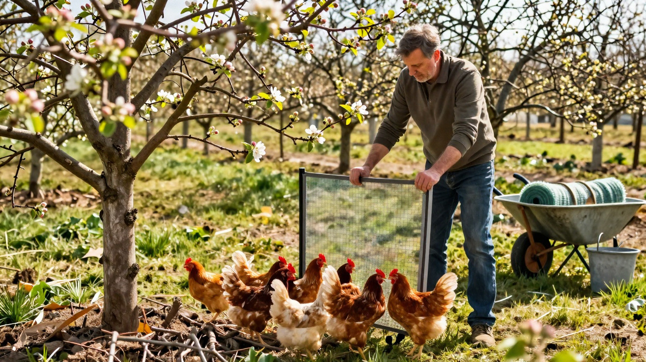 Homem abrindo portão para galinhas em pomar com árvores floridas na primavera.