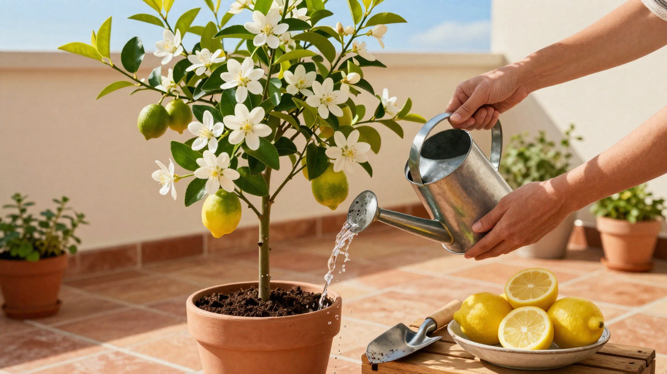 Pessoa regando limoeiro com flores brancas e frutas amarelas em vaso no terraço ensolarado.