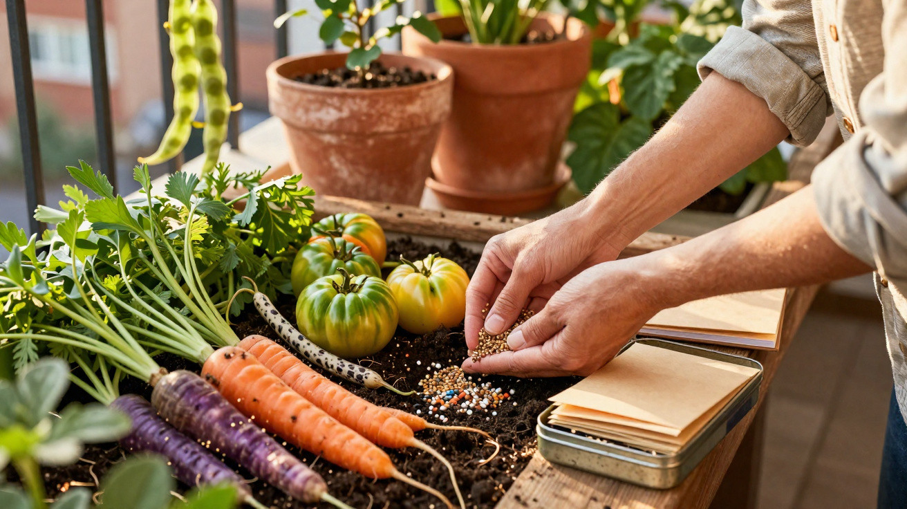 Pessoa segurando sementes para plantar em meio a legumes, como cenouras e tomates, e vasos com plantas.