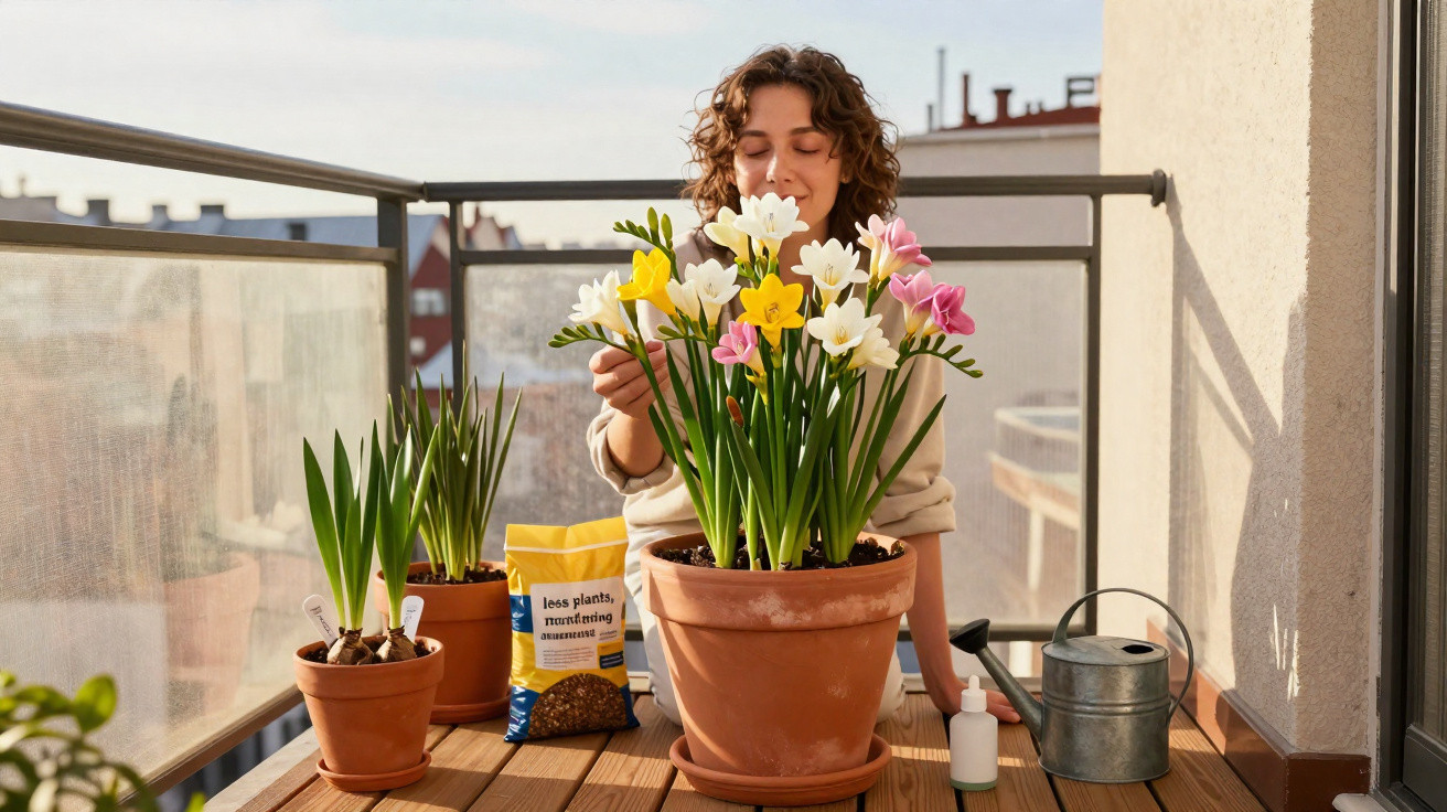 Mulher cuidando de flores coloridas em vasos de barro em varanda ensolarada com ferramentas de jardinagem.