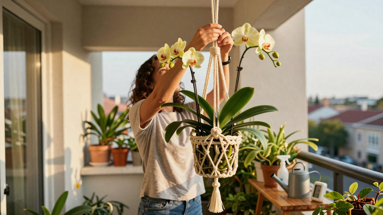 Mulher pendura vaso suspenso com orquídeas em varanda com várias plantas ao entardecer.