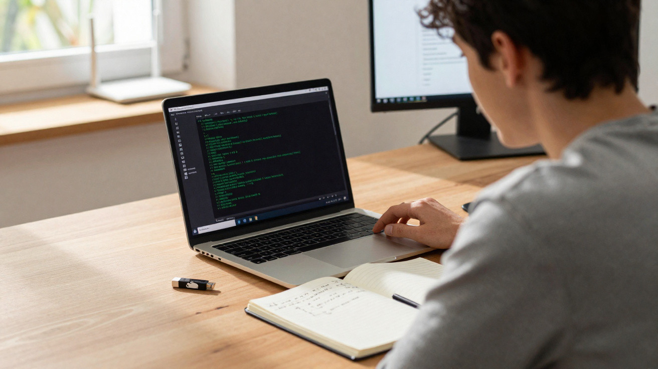 Pessoa programando em laptop com código aberto, anotações e pen drive sobre mesa de madeira.
