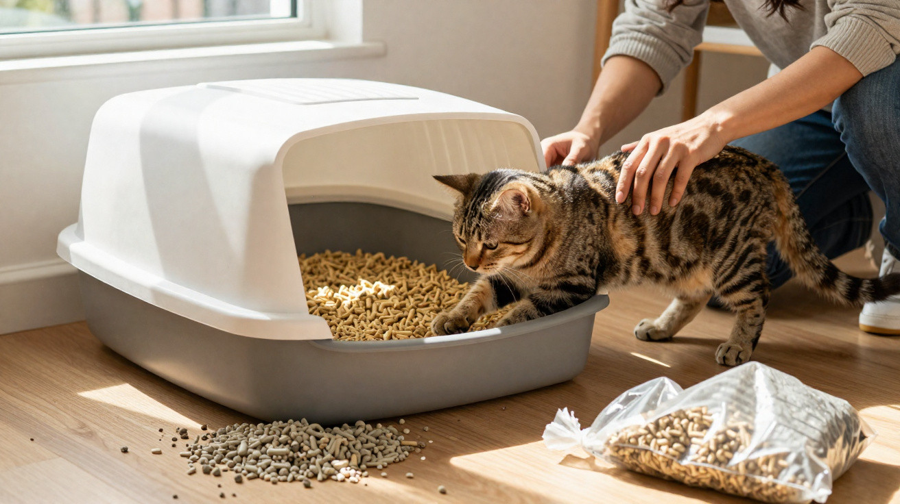 Gato entrando em caixa de areia coberta com pellets de madeira, enquanto pessoa o acaricia ao lado.