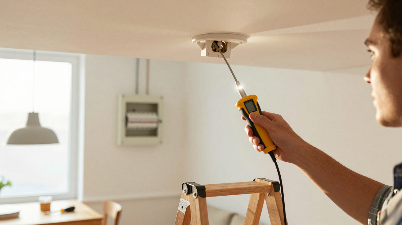 Pessoa usando ferramenta para testar fiação elétrica em um soquete de teto dentro de casa.